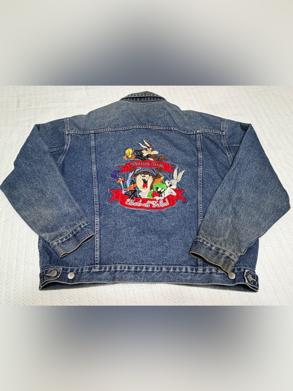 Vintage 90s Warner Brothers Looney Tunes Embroidered Denim Jean Jacket SZ XL